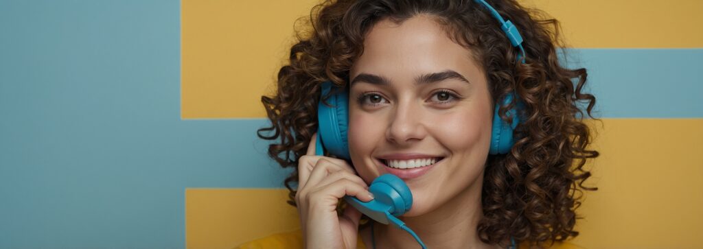 Junge Frau mit Headset am Telefonieren